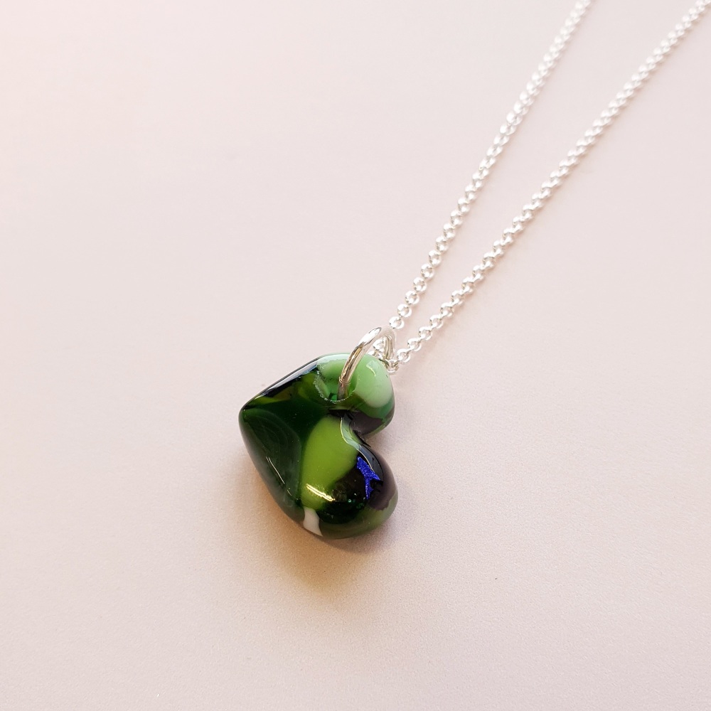 Handcarved Glass heart in greens