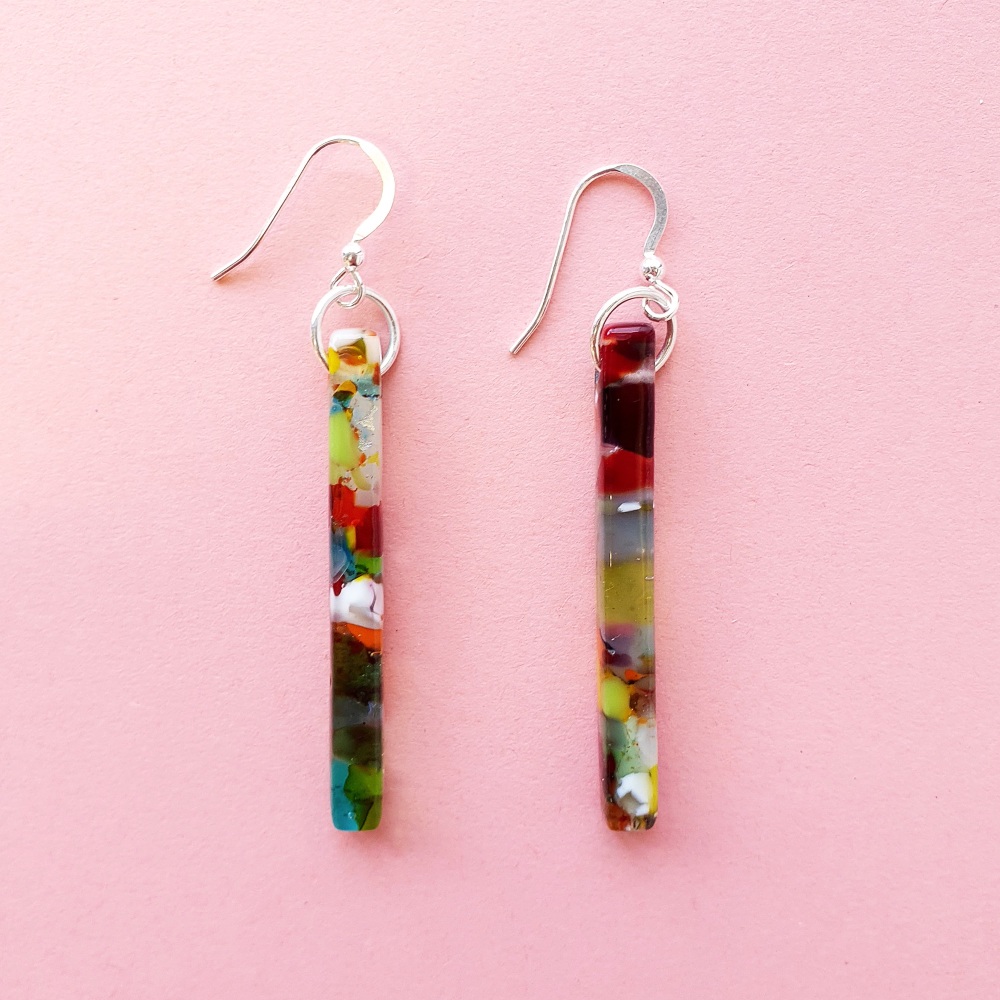 Multicoloured glass pillar earrings on silver #3