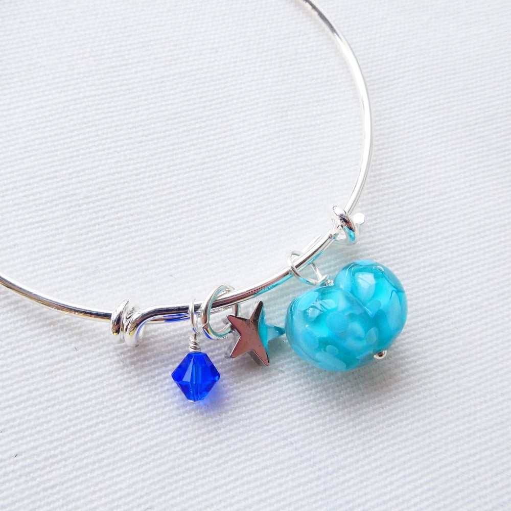 Turquoise glass Heart On a silver Plated Bangle
