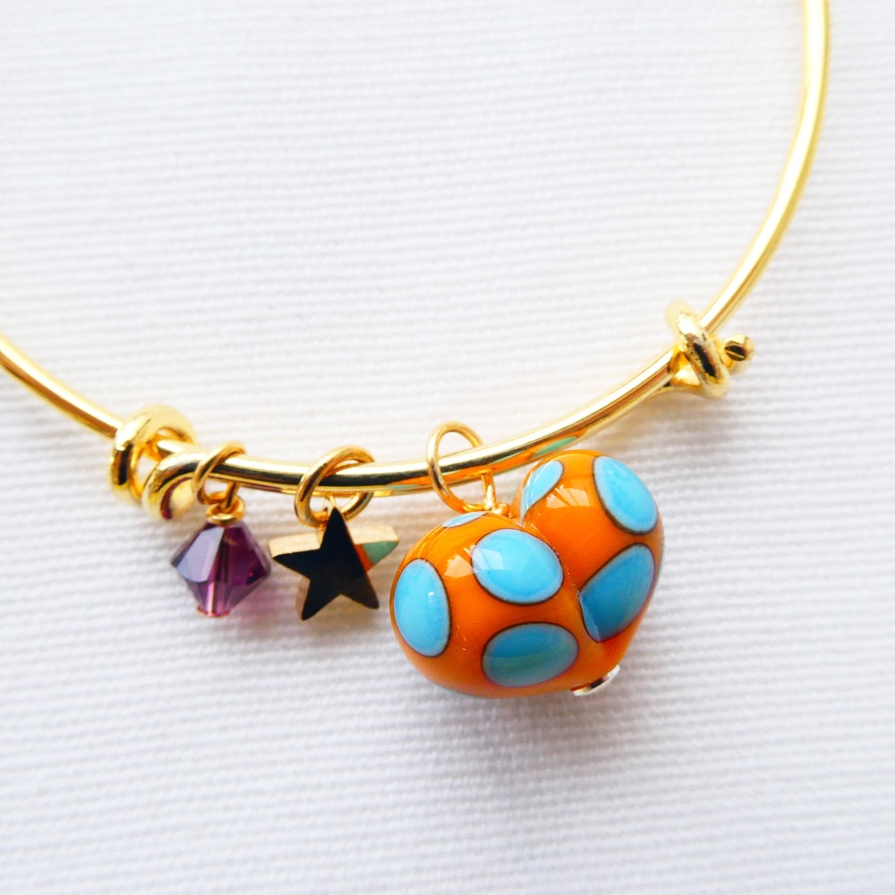 Orange and Turquoise glass Heart On a 14K Gold Plated Bangle