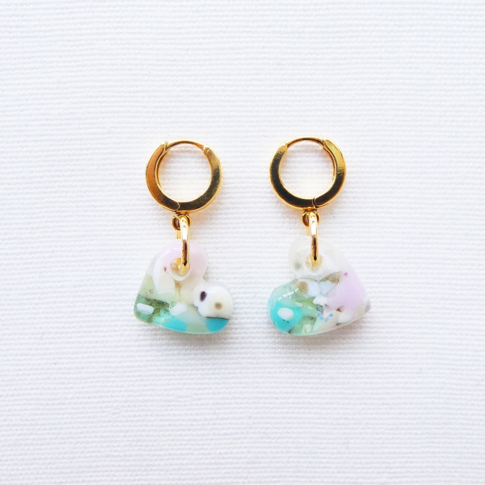 Nebula, Handcarved Glass Heart Drop Earrings