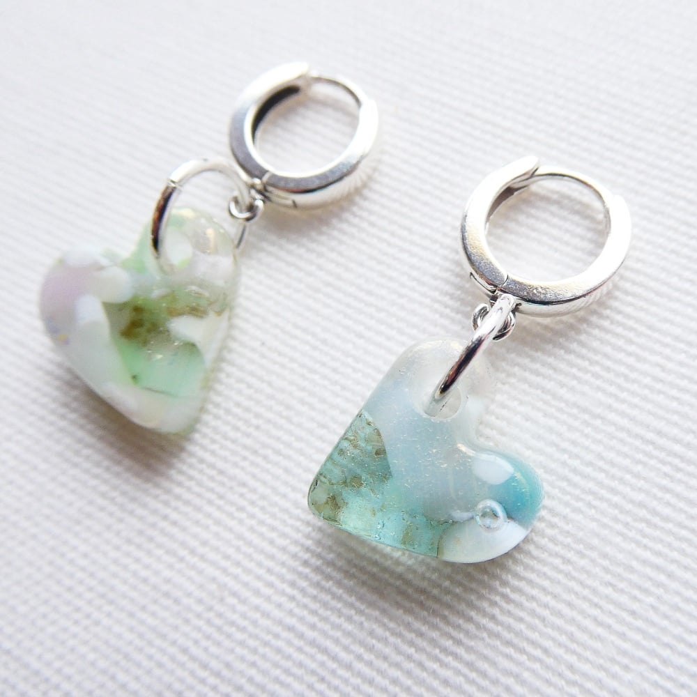 Seafoam, Handcarved Glass Heart Drop Earrings