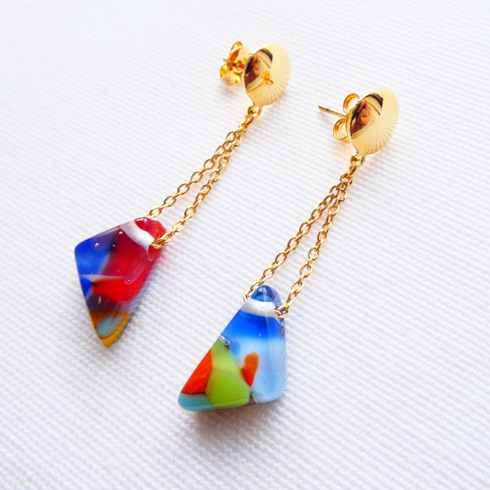 Pop Art, Handcarved Glass Diamond Drop Chain Earrings
