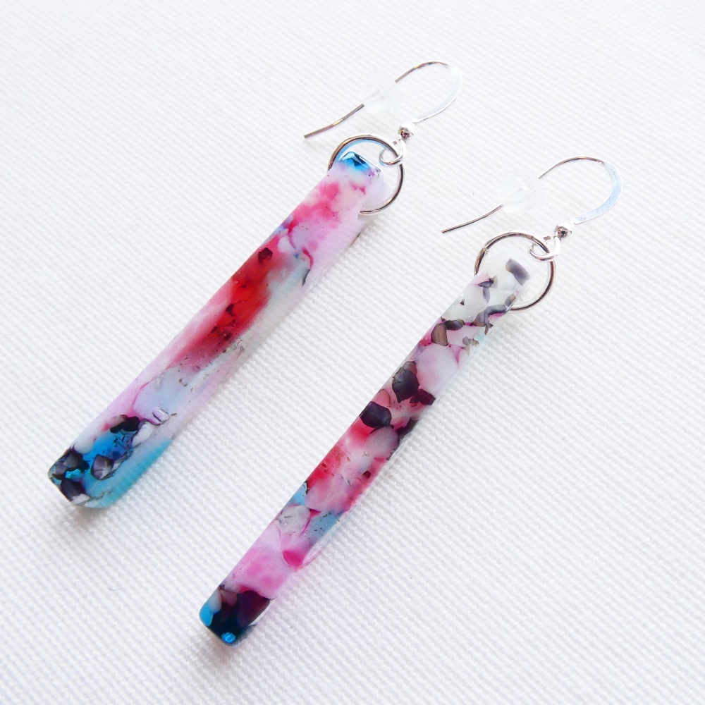 Pastel and raspberry glass pillar earrings on silver