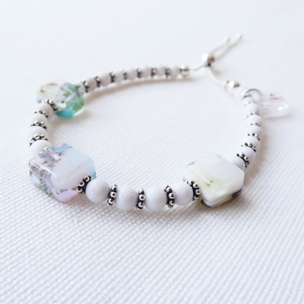 Adjustable fused glass beaded bracelet with mountain jade gemstones on ster