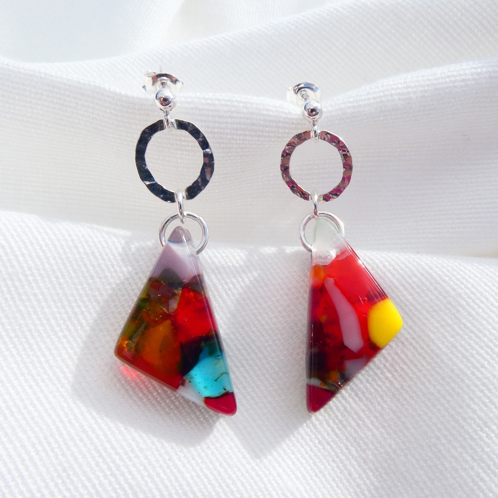 Multicoloured geo drop earrings on silver