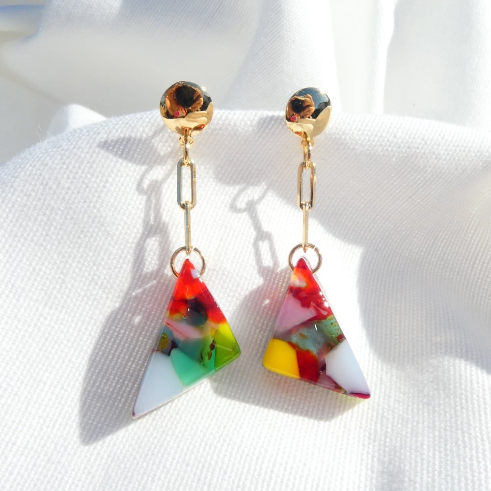 Multicoloured Glass Diamond Drop Earrings on filled gold