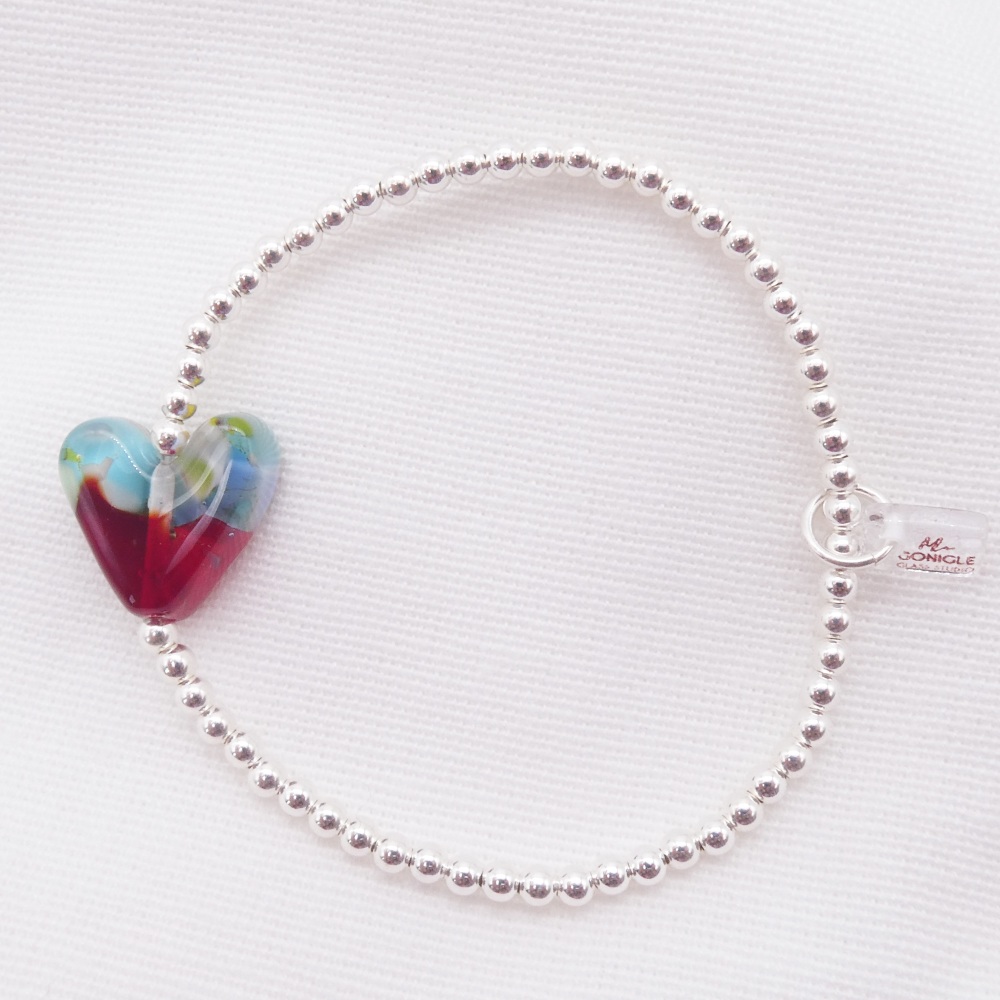 Small Simply Silver Bracelet with a multicoloured Glass Heart