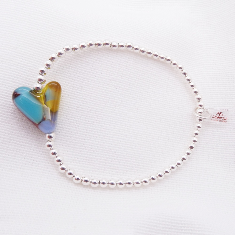 Small Simply Silver Bracelet with a multicoloured Glass Heart #2