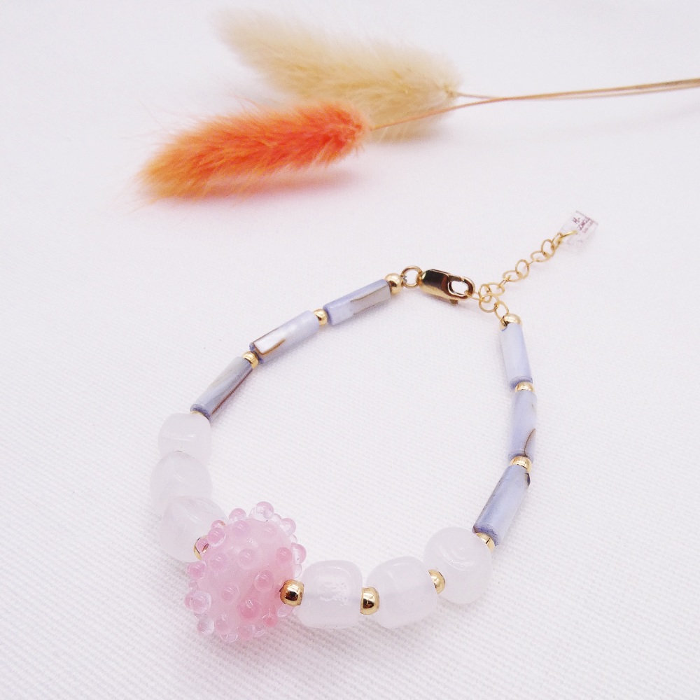 Blush glass bauble bead Bracelet with baby blue opal tube gemstones.