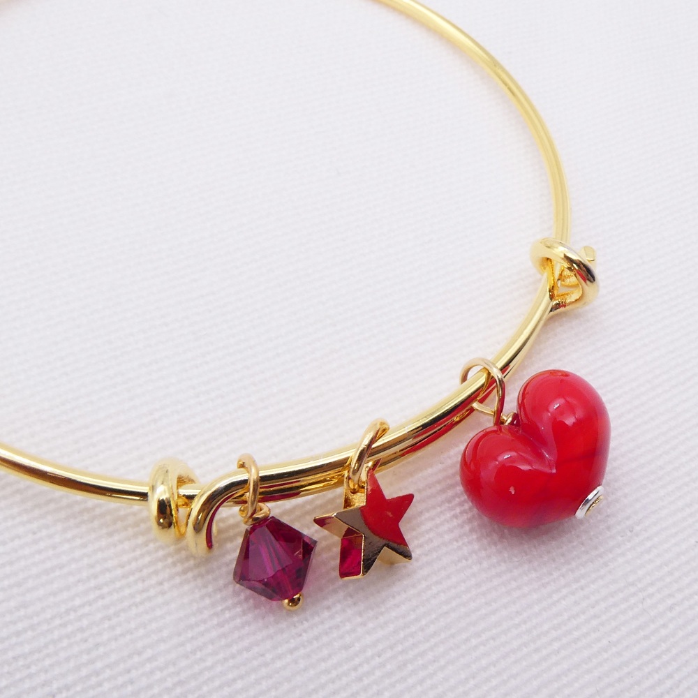 Red glass Heart On a 14K Gold Plated Bangle