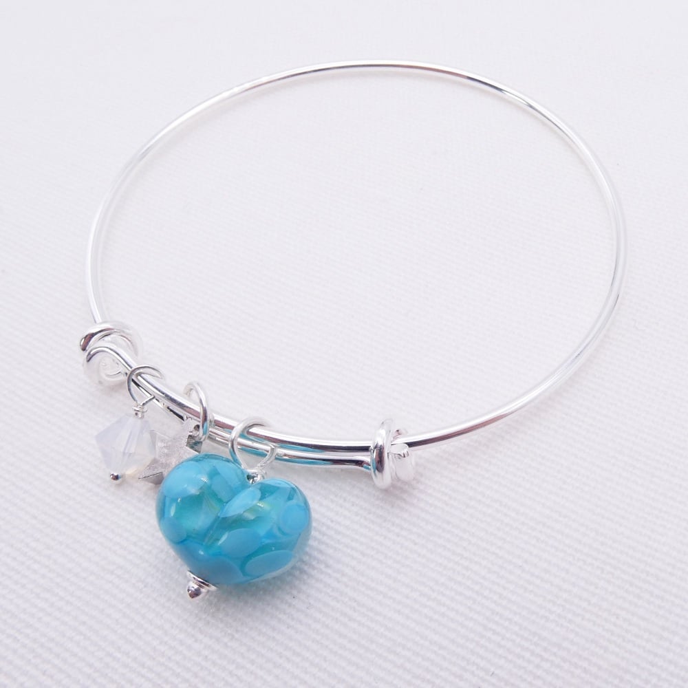 Turquoise glass Heart On a silver Plated Bangle