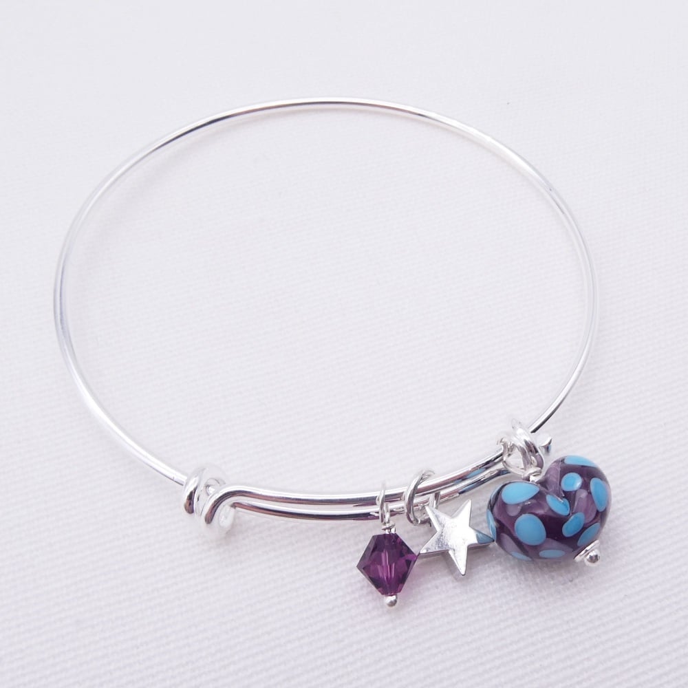Purple and Turquoise glass Heart On a silver Plated Bangle