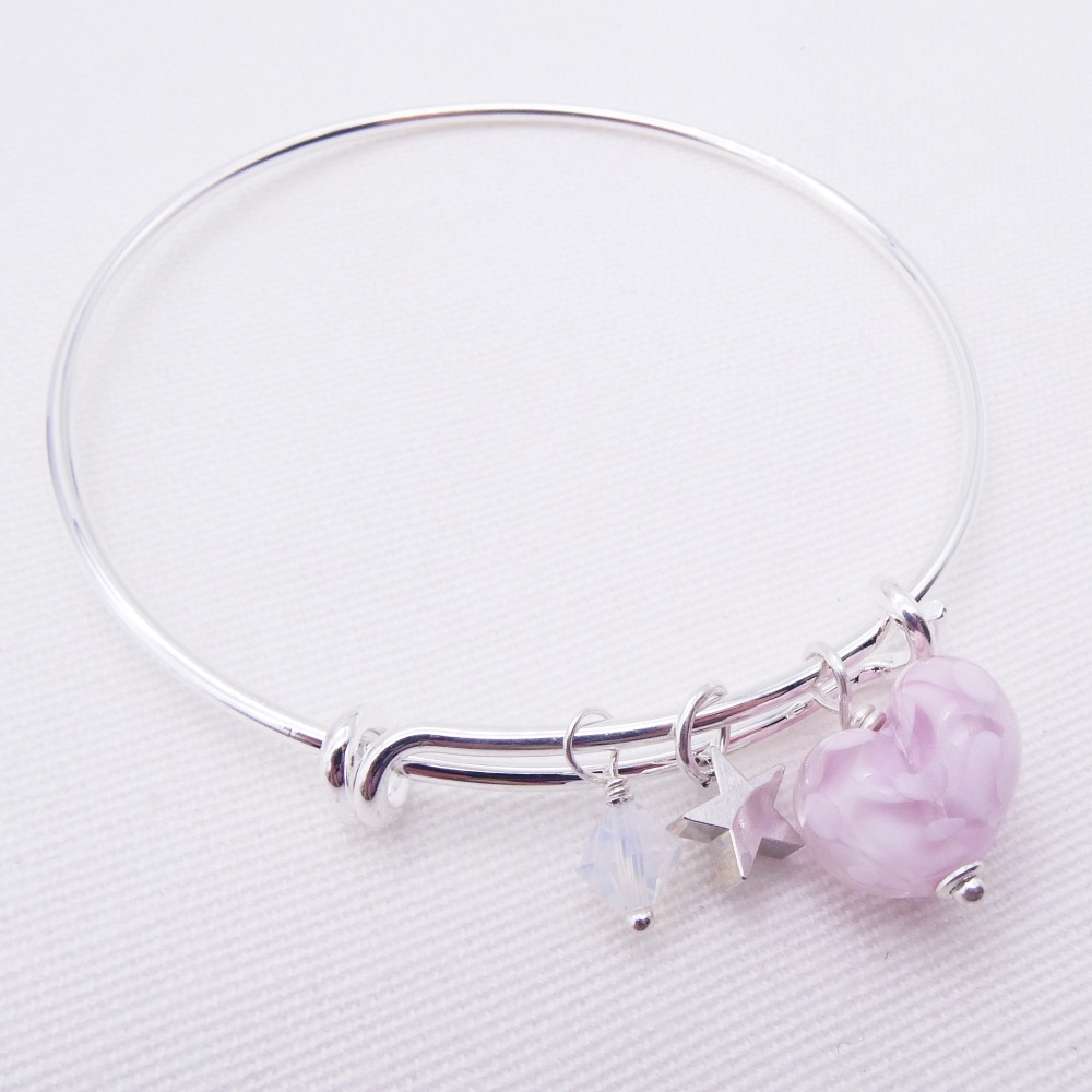 Pink glass Heart On a silver Plated Bangle 