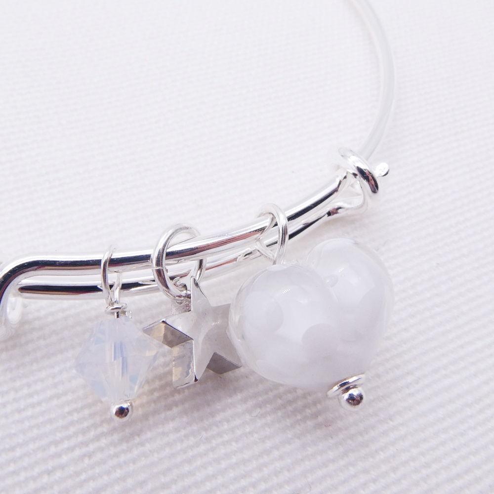 White glass Heart On a silver Plated Bangle