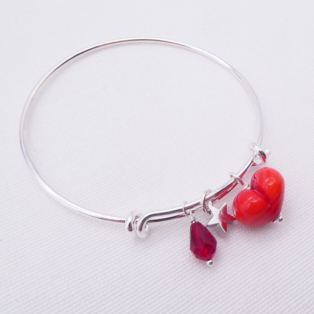 Red glass Heart On a silver Plated Bangle