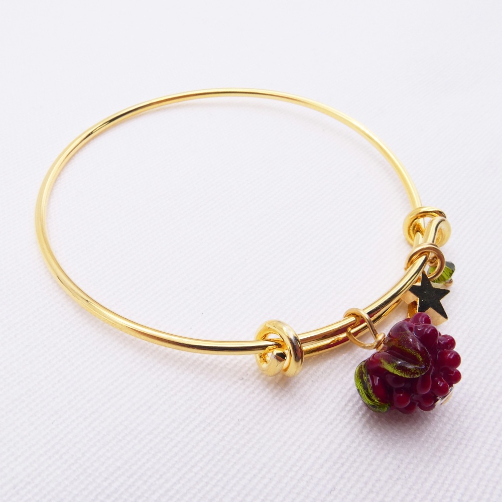 Glass Raspberry On a 14K Gold Plated Bangle