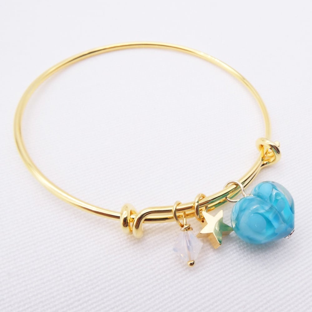 Turquoise glass Heart On a 14K Gold Plated Bangle