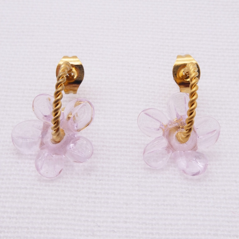 Small Translucent pink Flower twisted  hoop earrings