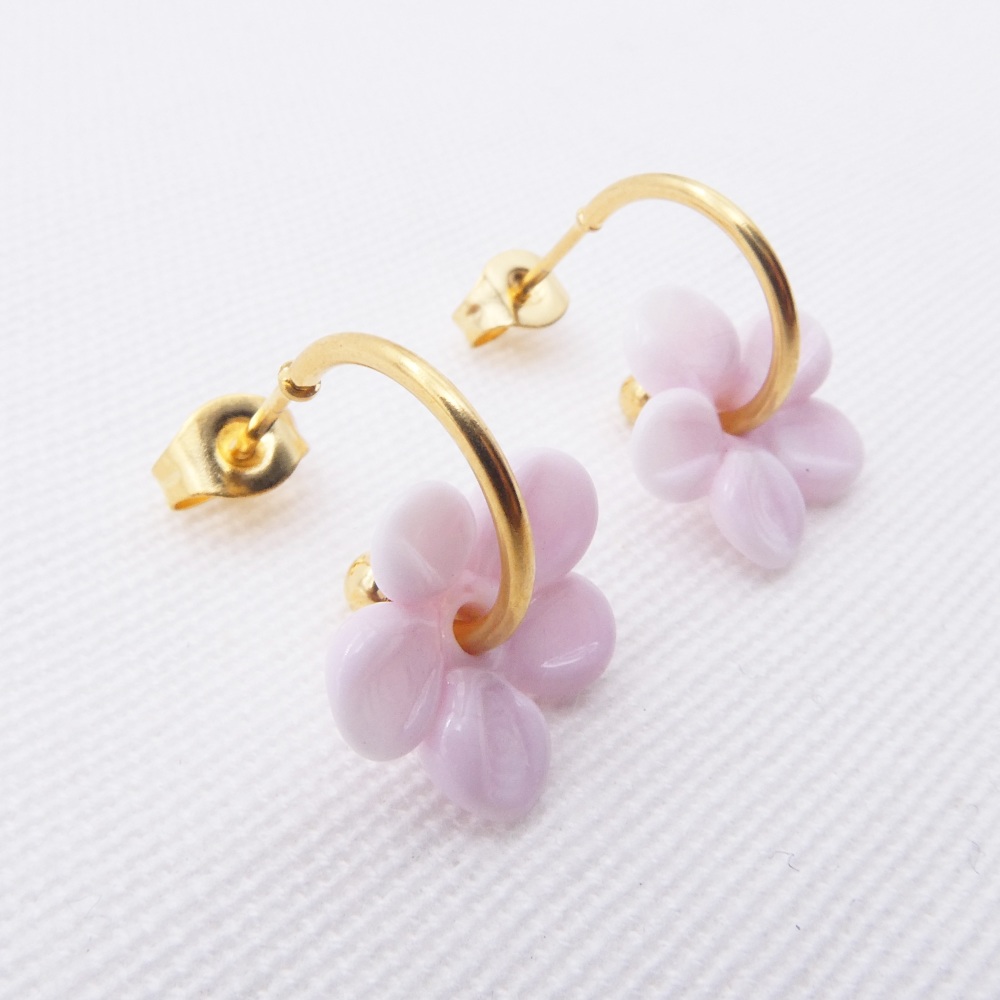 Small pink glass Flower hoop earrings