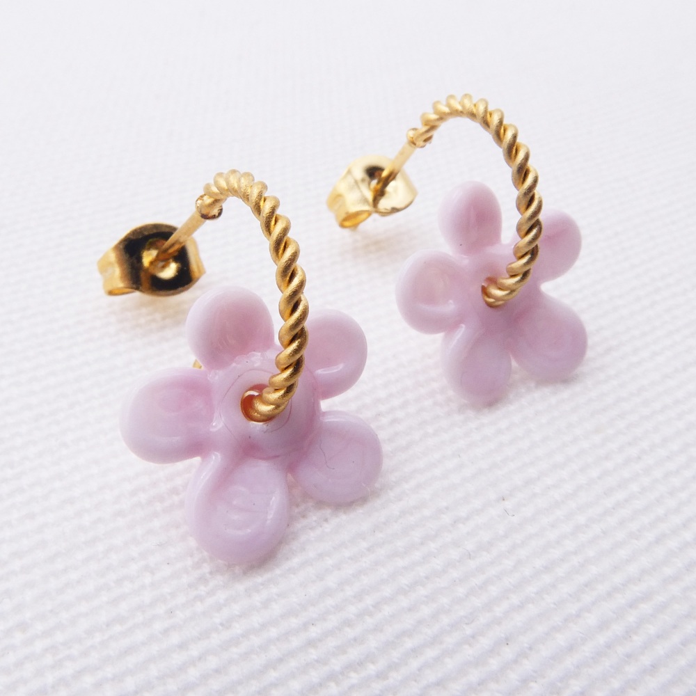 Small Pink Flower twisted hoop earrings