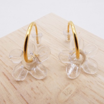 Medium clear glass Flower hoop earrings-gold