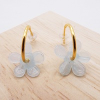 Medium translucent turquoise  glass Flower hoop earrings-gold