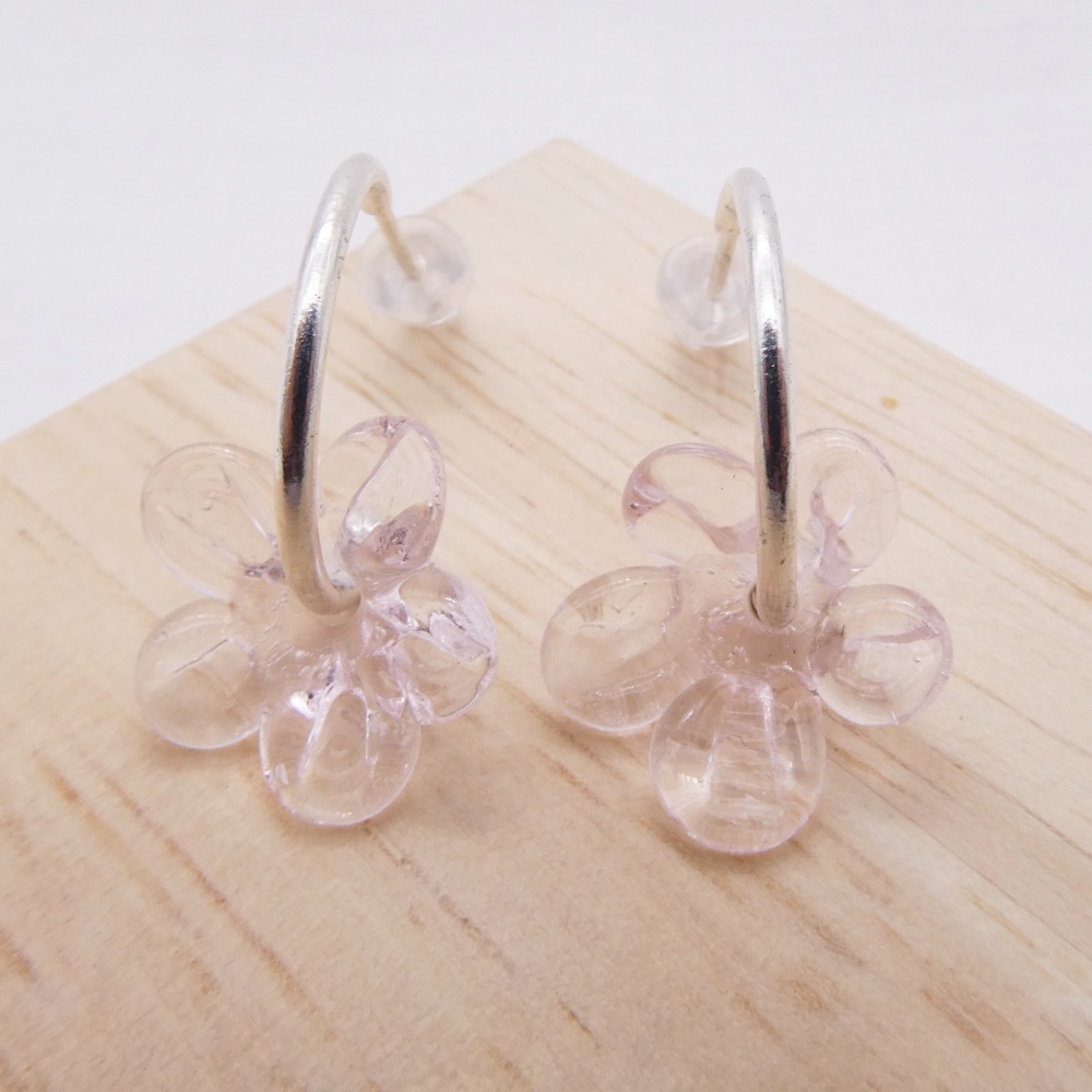 Medium translucent pink glass Flower hoop earrings-silver