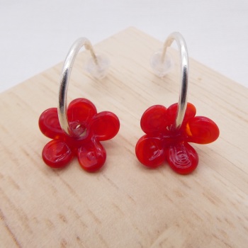 Medium red  glass Flower hoop earrings-silver