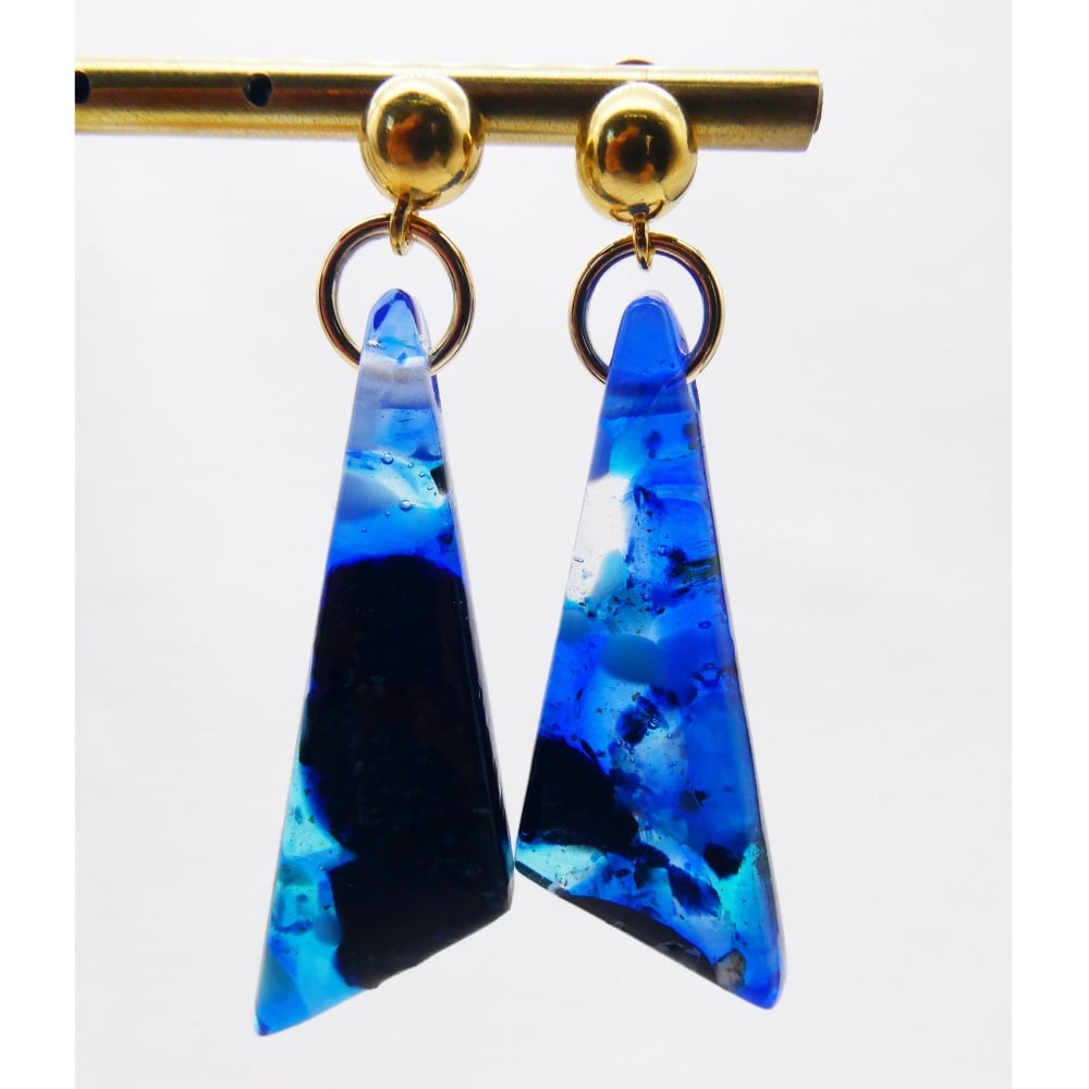 Blue geo drop earrings on filled gold- Large