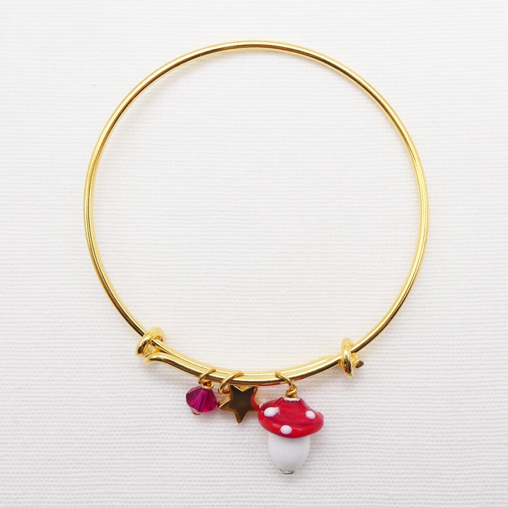 Glass Mushroom On a 14K Gold Plated Bangle