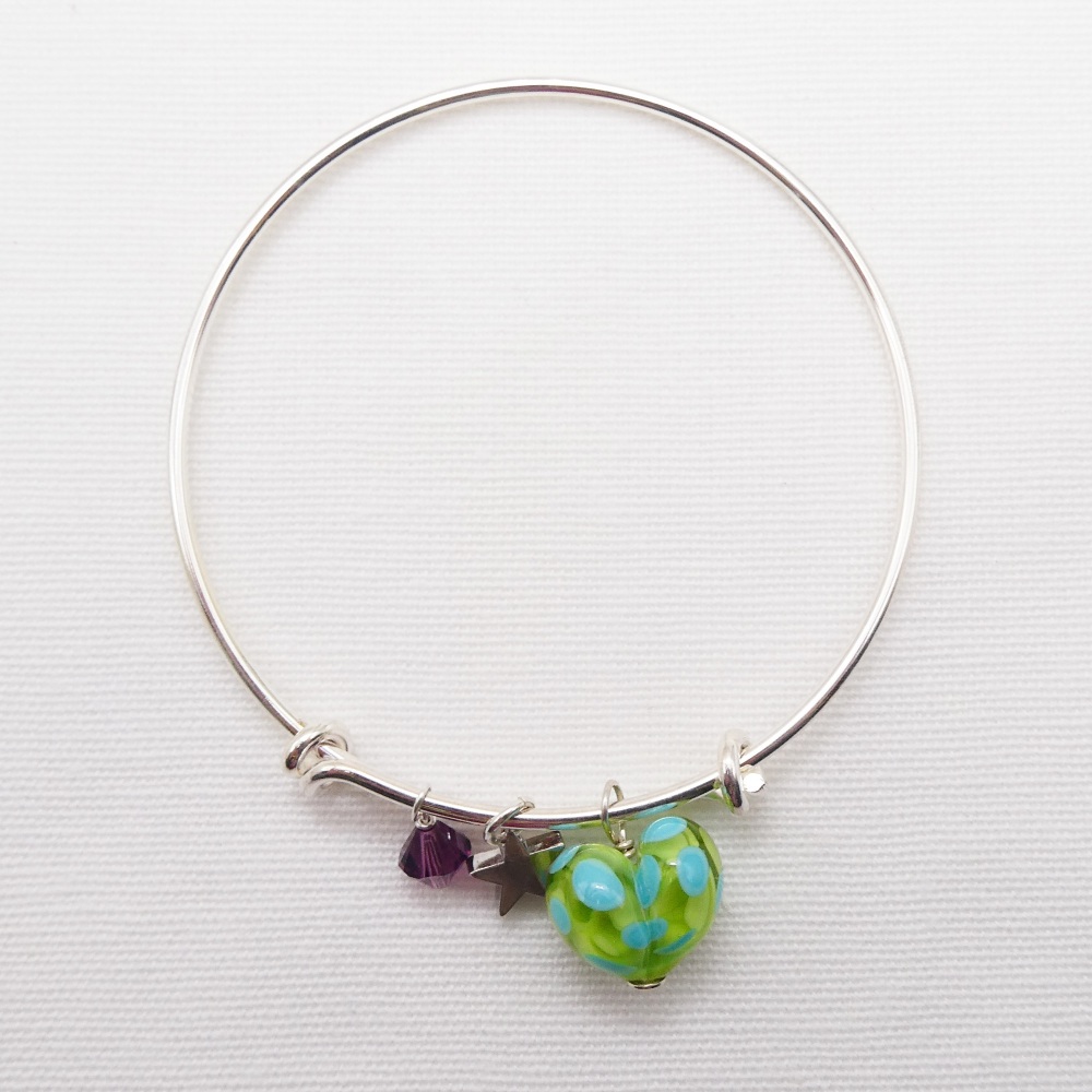 Green and Turquoise glass Heart On a silver Plated Bangle #1