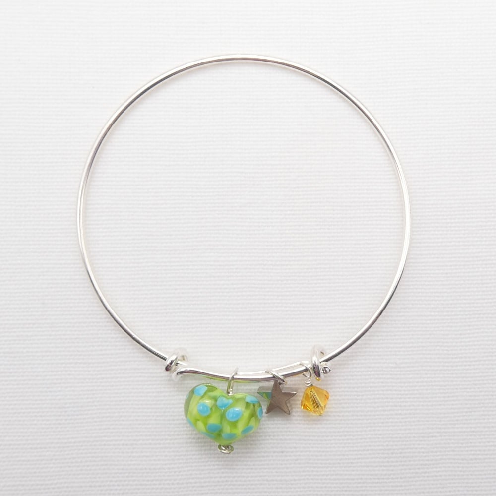 Green and Turquoise glass Heart On a silver Plated Bangle with yellow Swa