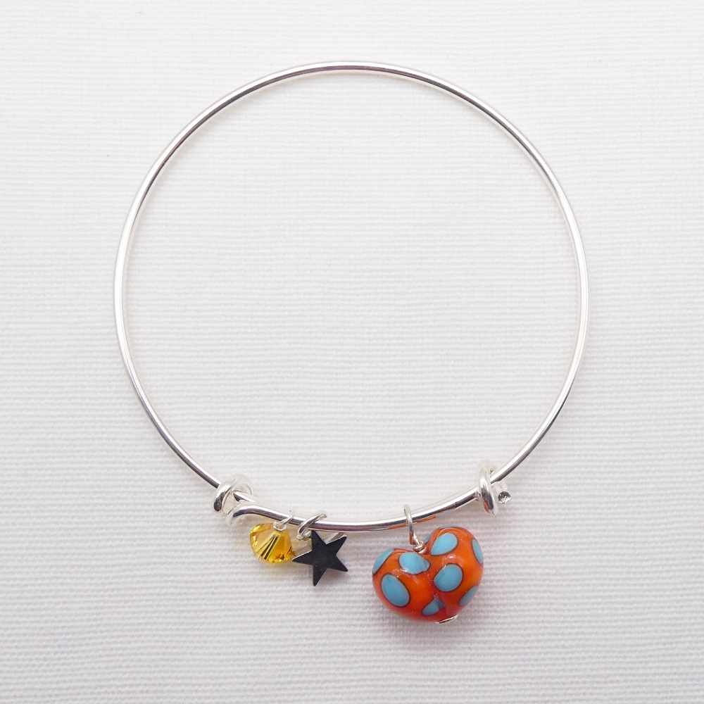 Orange and Turquoise glass Heart On a silver Plated Bangle