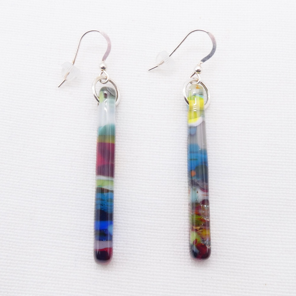 Multicoloured glass pillar earrings on silver