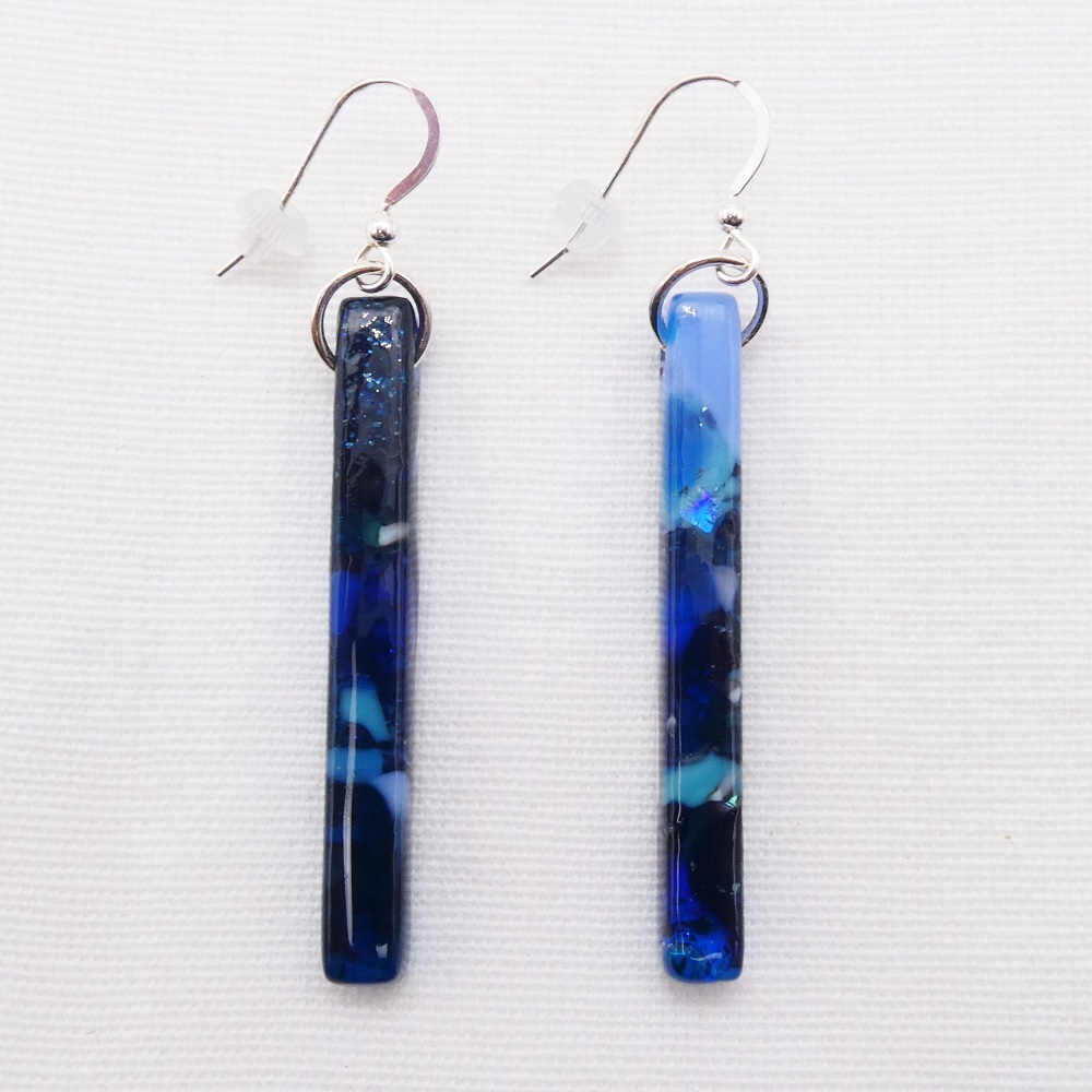 Blue glass pillar earrings on silver