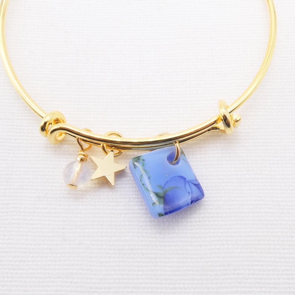Blue floral watercolour Glass Tile On a 14K Gold Plated Bangle