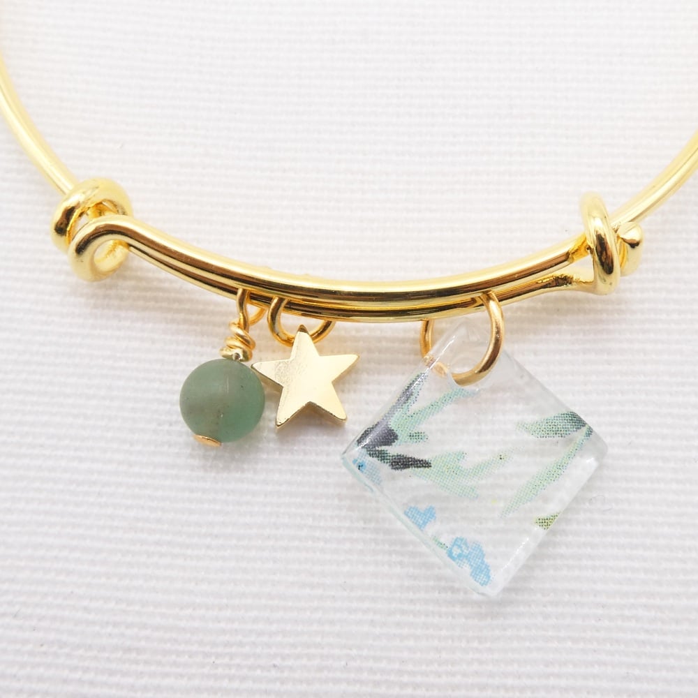 Clear watercolour floral Glass Tile On a 14K Gold Plated Bangle