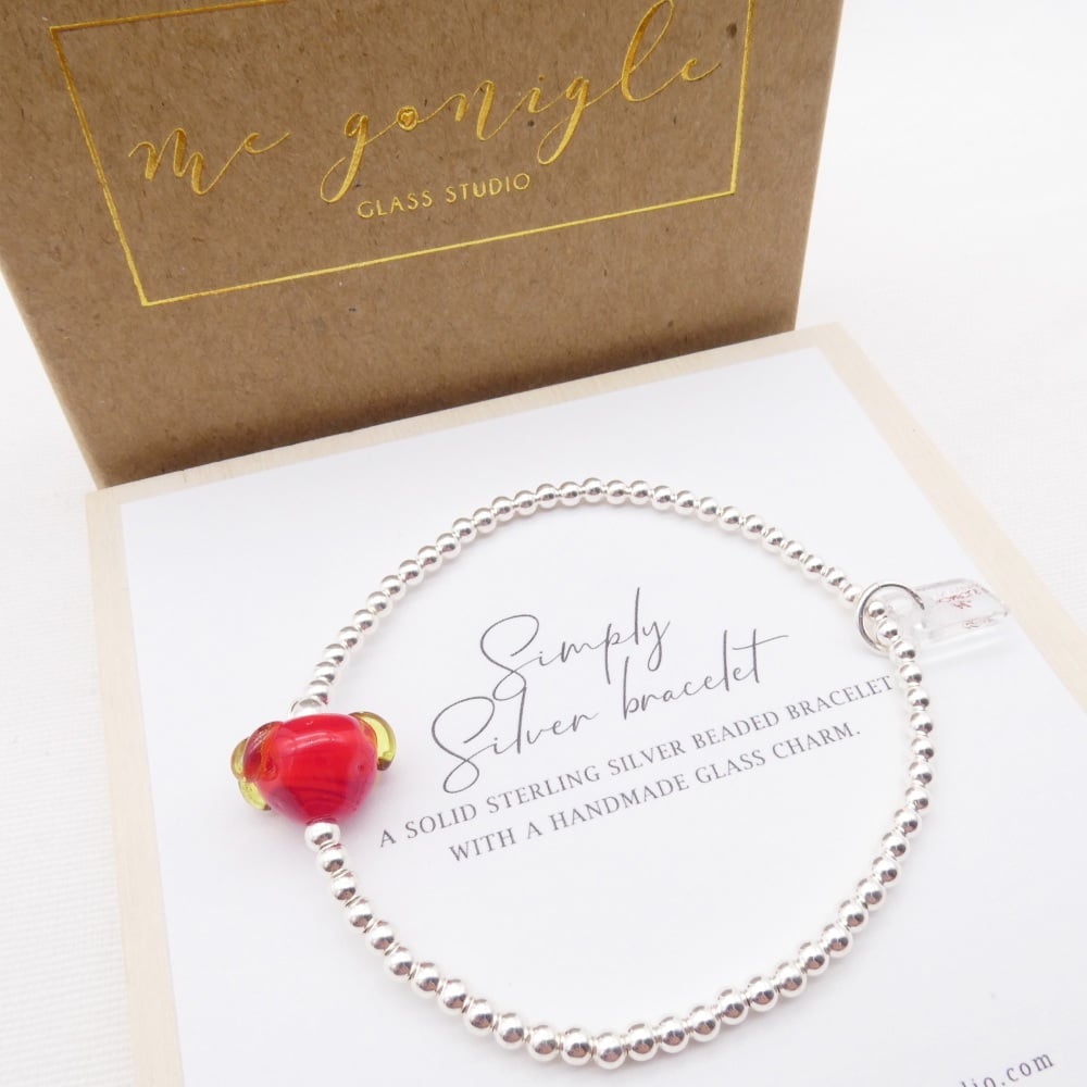 M/L Simply Silver Bracelet with a Glass Strawberry