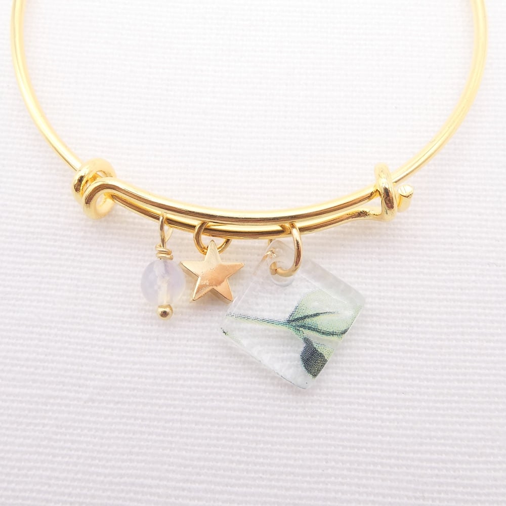 Clear foliage watercolour Glass Tile On a 14K Gold Plated Bangle