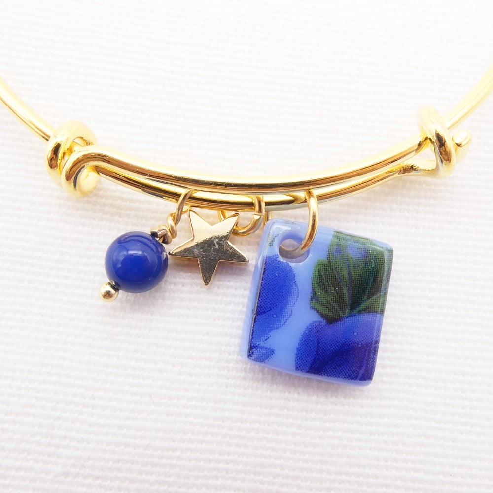 Blue floral Glass Tile On a 14K Gold Plated Bangle