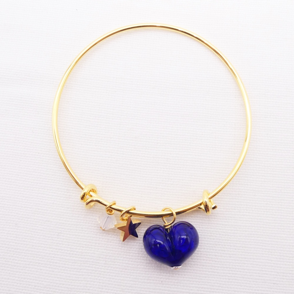 Navy glass Heart On a 14K Gold Plated Bangle 