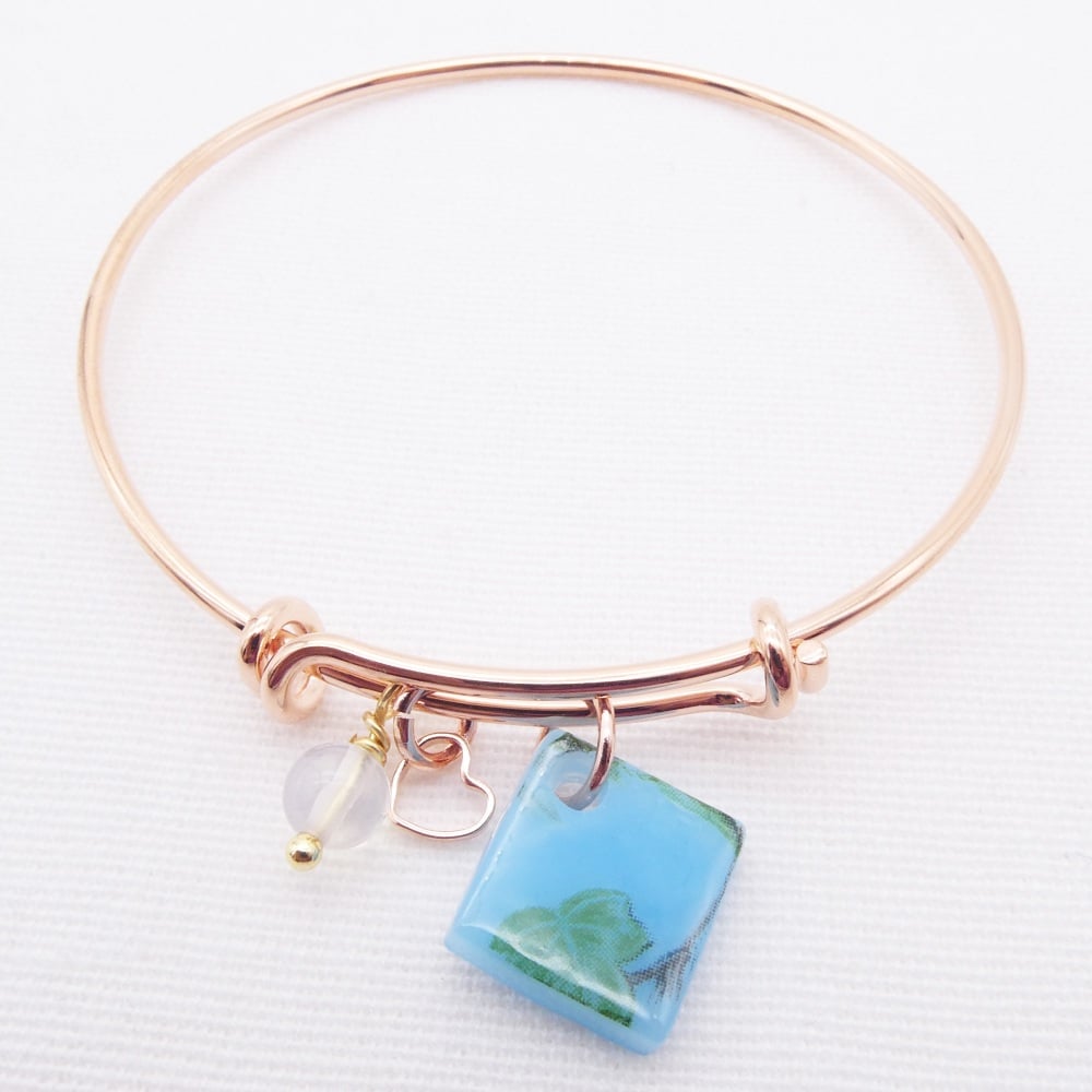 Turquoise foliage Glass Tile On a Rose Gold Plated Bangle
