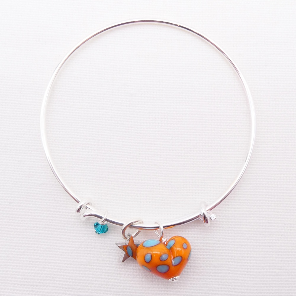 Orange and Turquoise glass Heart On a silver Plated Bangle