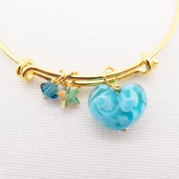 Turquoise glass Heart On a 14K Gold Plated Bangle 