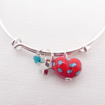 Red and Turquoise  glass Heart On a silver Plated Bangle