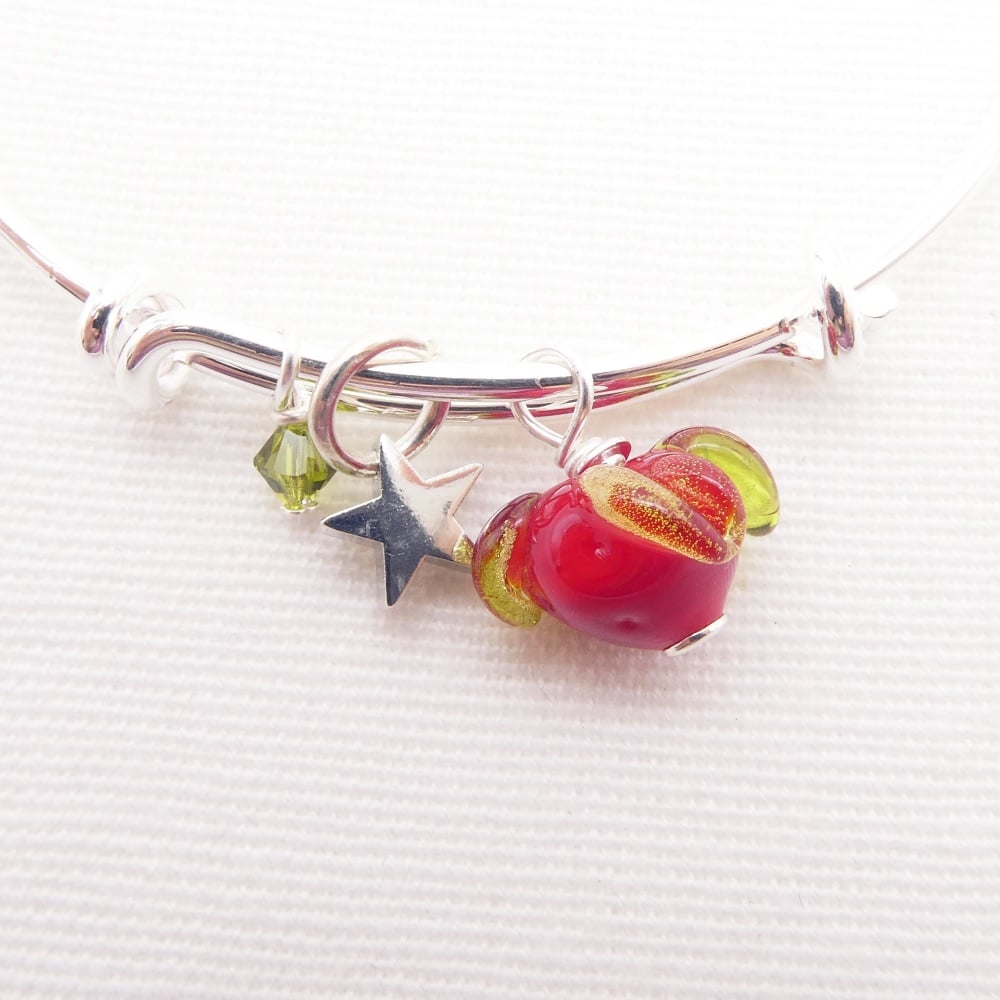 Glass Strawberry On a silver Plated Bangle