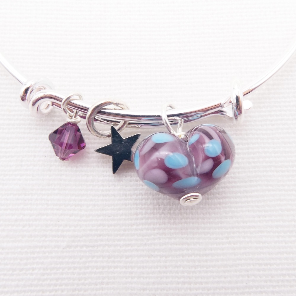 Purple and Turquoise glass Heart On a silver Plated Bangle 