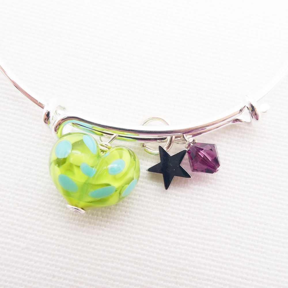 Green and Turquoise glass Heart On a silver Plated Bangle