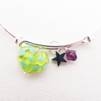 Green and Turquoise glass Heart On a silver Plated Bangle 